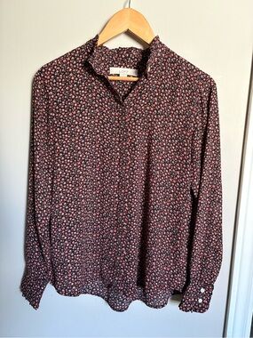 LOFT Black Blouse with Pink Floral Ditsy Print